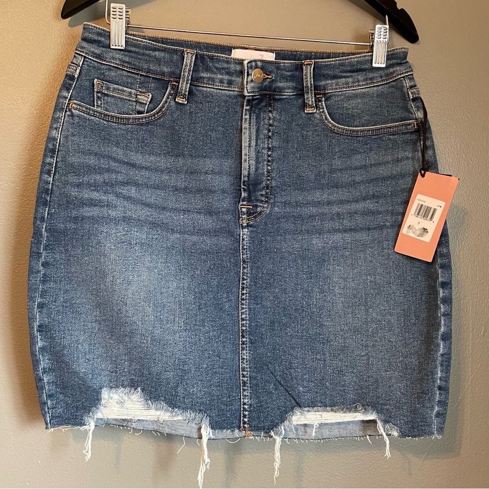 NWT Jen 7 by 7 For All Mankind Sz 8 Dark Blue Short Pencil Distressed Skirt $89!